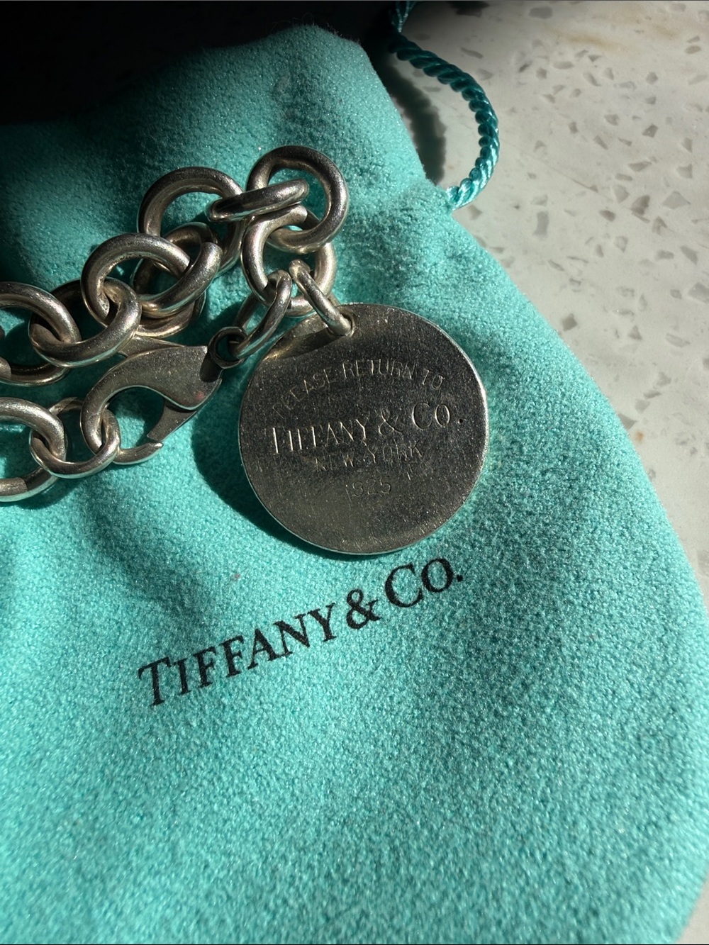 Tiffany & Co. Sterling Silver Round Tag Bracelet Charm on Chain